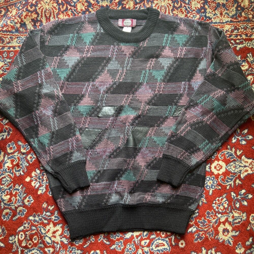 VTG Chiamare Sweater Mens M Black Green Purple Leather Wool Knit Sweatshirt 90s